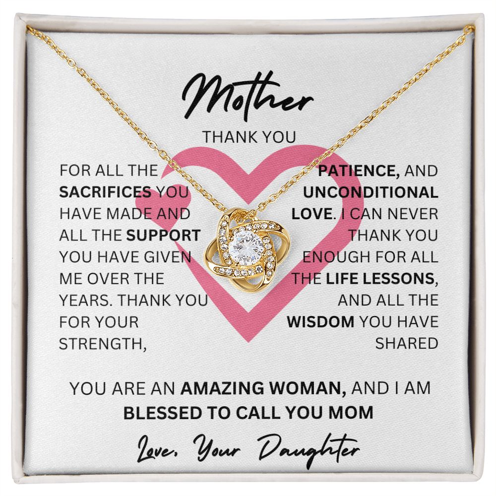 MOTHER THANK YOU PINK HEART, LOVE KNOT NECKLACE