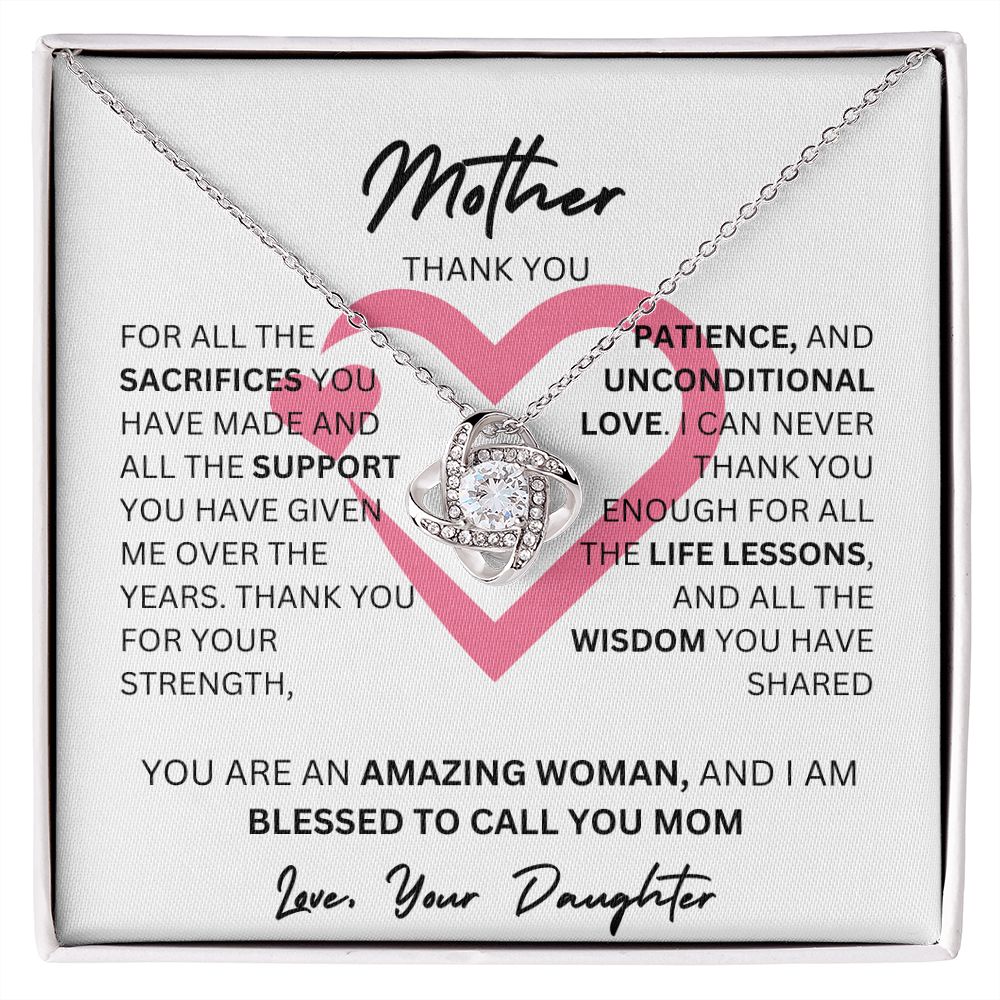 MOTHER THANK YOU PINK HEART, LOVE KNOT NECKLACE