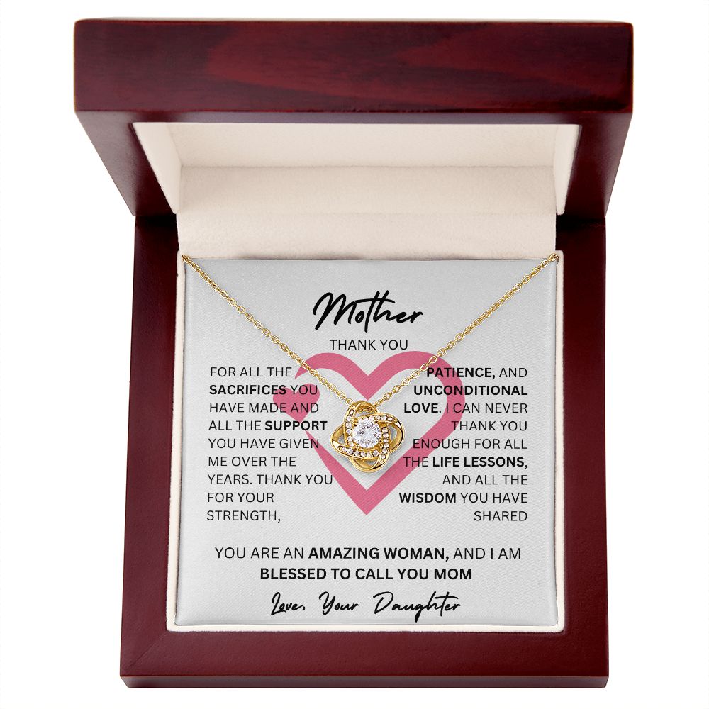 MOTHER THANK YOU PINK HEART, LOVE KNOT NECKLACE