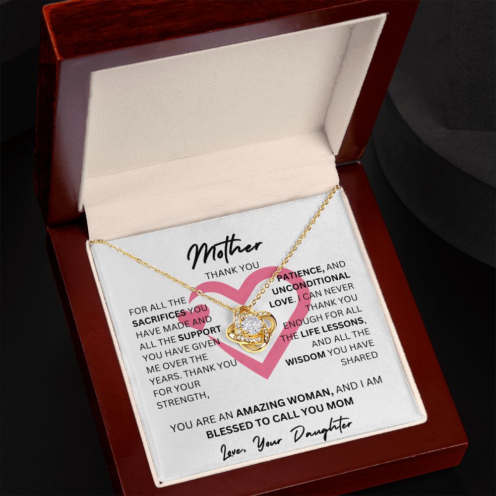 MOTHER THANK YOU PINK HEART, LOVE KNOT NECKLACE