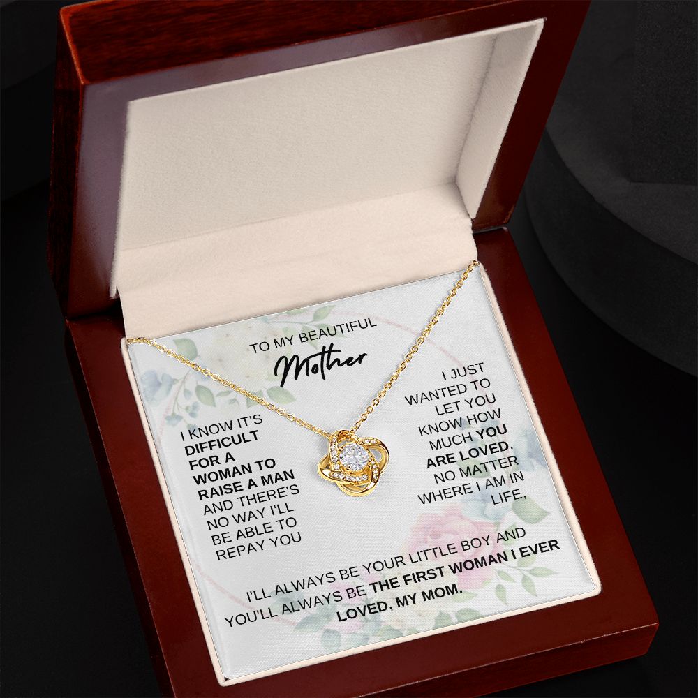TO MY BEAUTIFUL MOTHER, FROM SON, LOVE KNOT NECKLACE