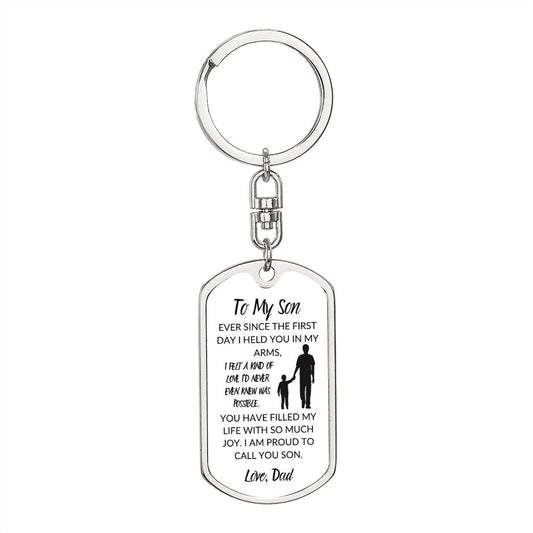 TO MY SON, LOVE DAD, GRAPHIC DOG TAG KEYCHAIN