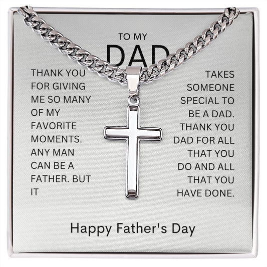 TO MY DAD, THANK YOU HAPPY FATHERS DAY, CUBAN CHAIN WITH ARTISAN CROSS NECKLACE