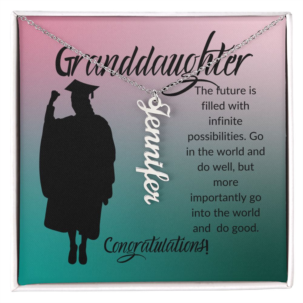 GRANDDAUGHTER, THE FUTURE IS FILLED, CONGRATS, PERSONALIZED VERTICAL  NAME NECKLACE