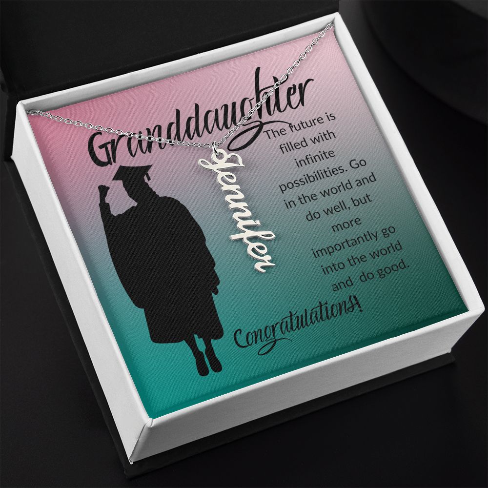 GRANDDAUGHTER, THE FUTURE IS FILLED, CONGRATS, PERSONALIZED VERTICAL  NAME NECKLACE