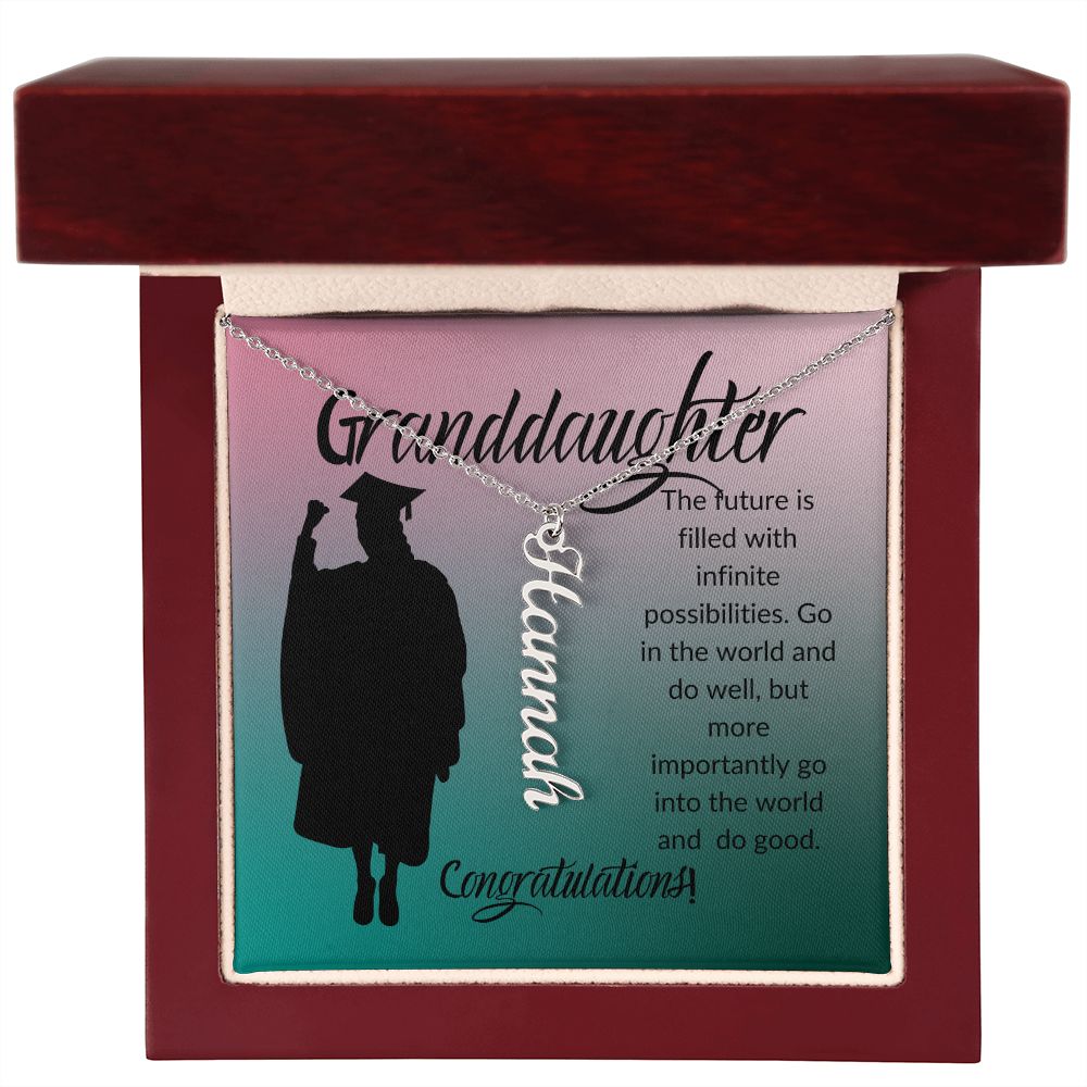 GRANDDAUGHTER, THE FUTURE IS FILLED, CONGRATS, PERSONALIZED VERTICAL  NAME NECKLACE