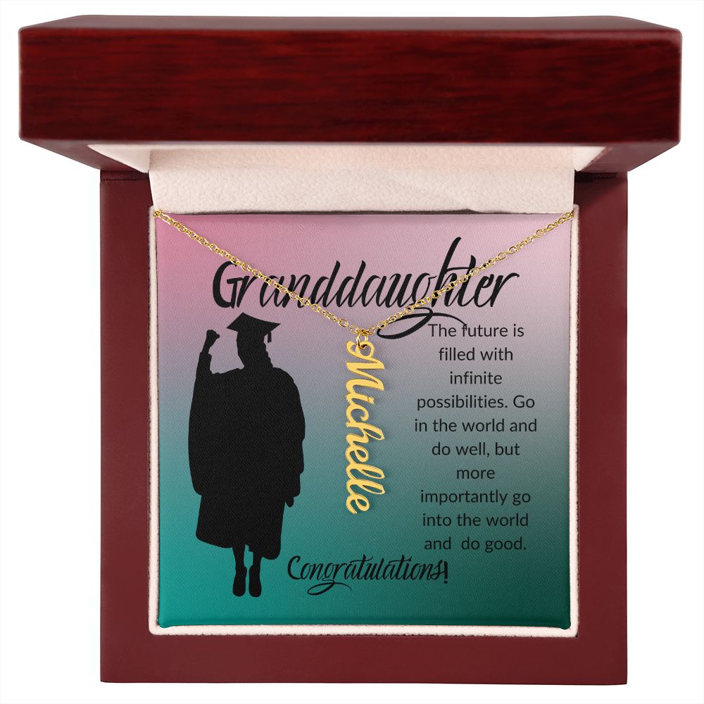 GRANDDAUGHTER, THE FUTURE IS FILLED, CONGRATS, PERSONALIZED VERTICAL  NAME NECKLACE