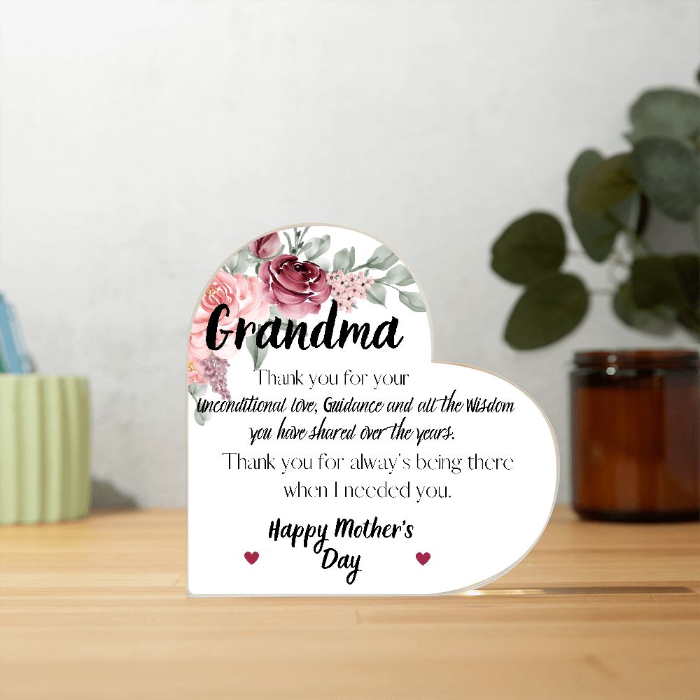 GRANDMA, HAPPY MOTHERS DAY, PRINTED HEART SHAPED ACRYLIC PLAQUE