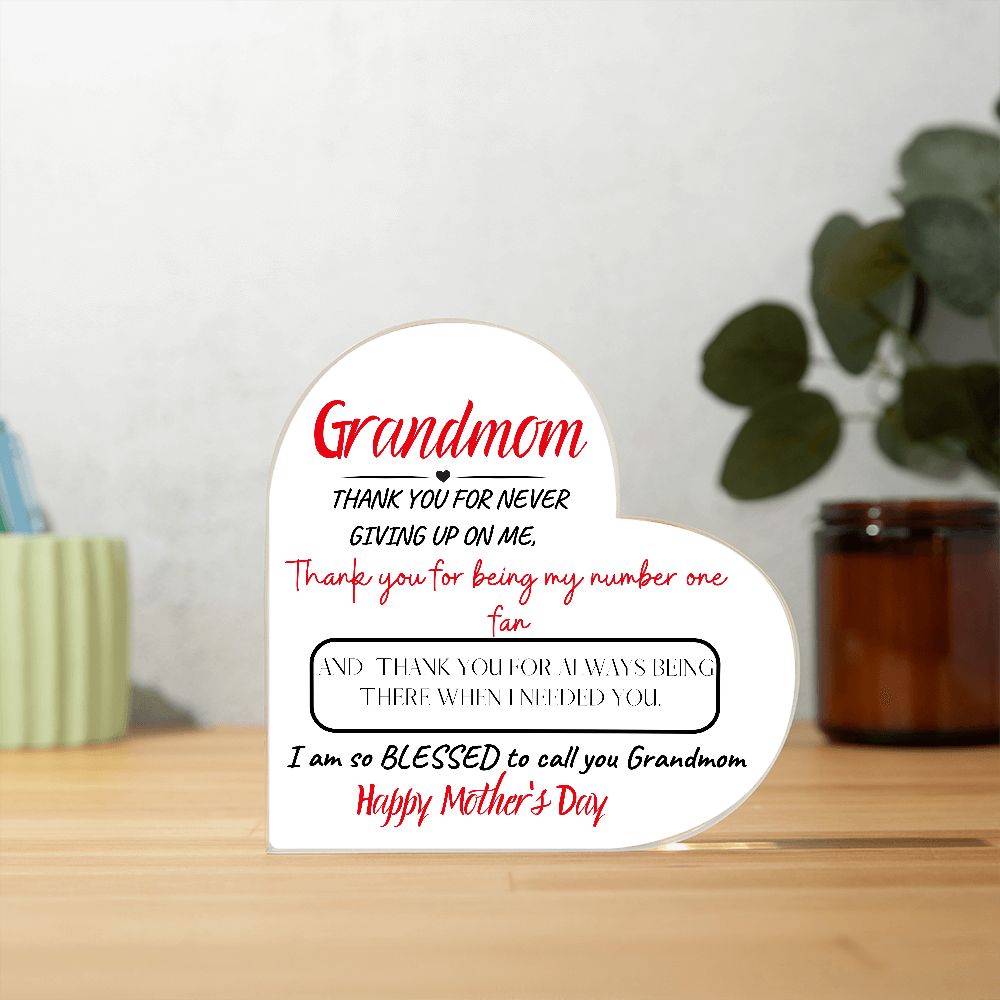 GRANDMOM THANK YOU, PRINTED HEART SHAPED ACRYLIC PLAQUE