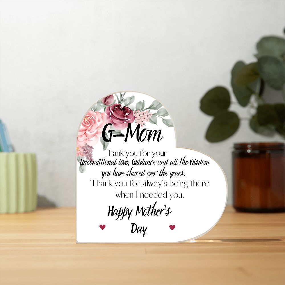 G-MOM, HAPPY MOTHERS DAY, PRINTED HEART SHAPED ACRYLIC PLAQUE