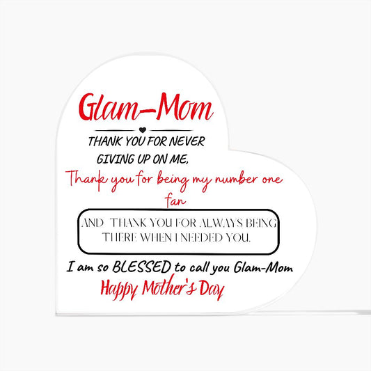 GLAM-MOM THANK YOU, PRINTED HEART SHAPED ACRYLIC PLAQUE