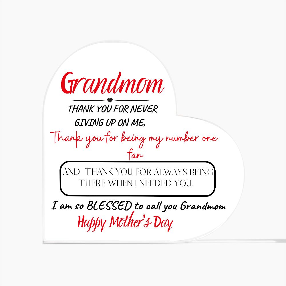 GRANDMOM THANK YOU, PRINTED HEART SHAPED ACRYLIC PLAQUE