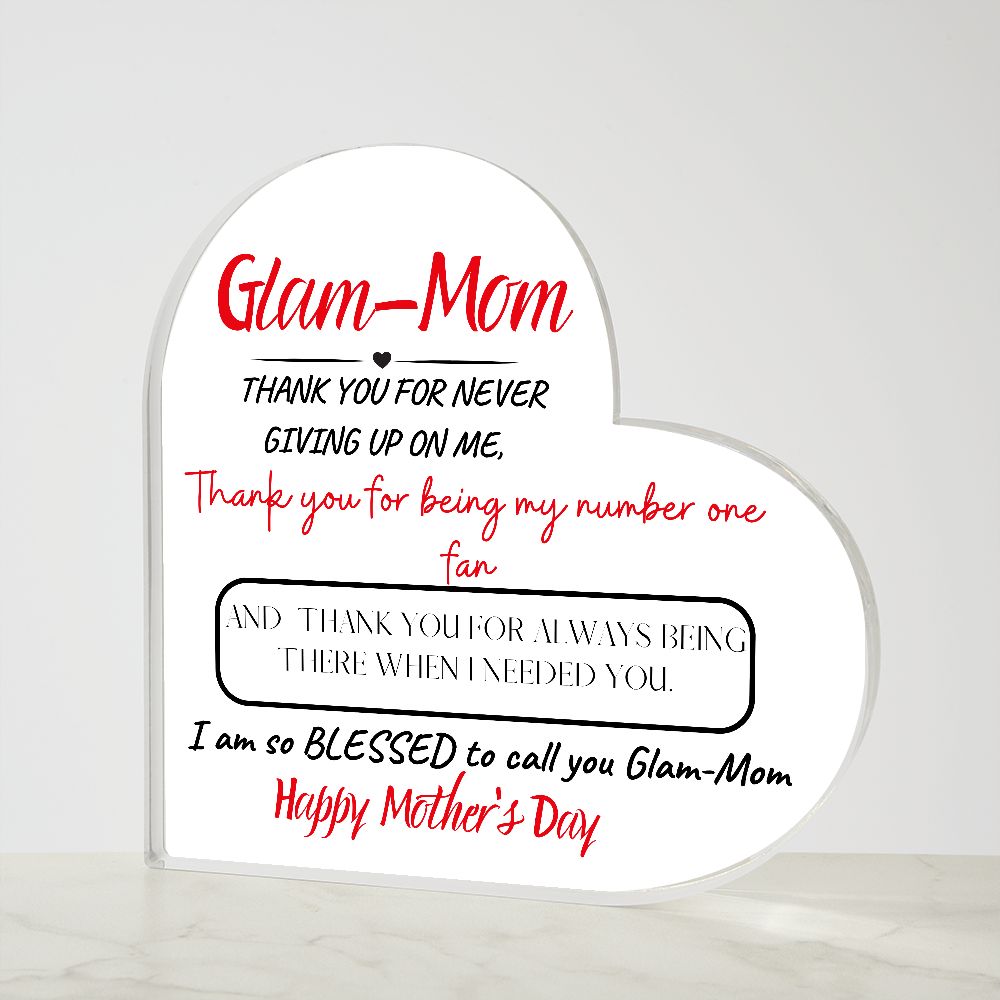 GLAM-MOM THANK YOU, PRINTED HEART SHAPED ACRYLIC PLAQUE