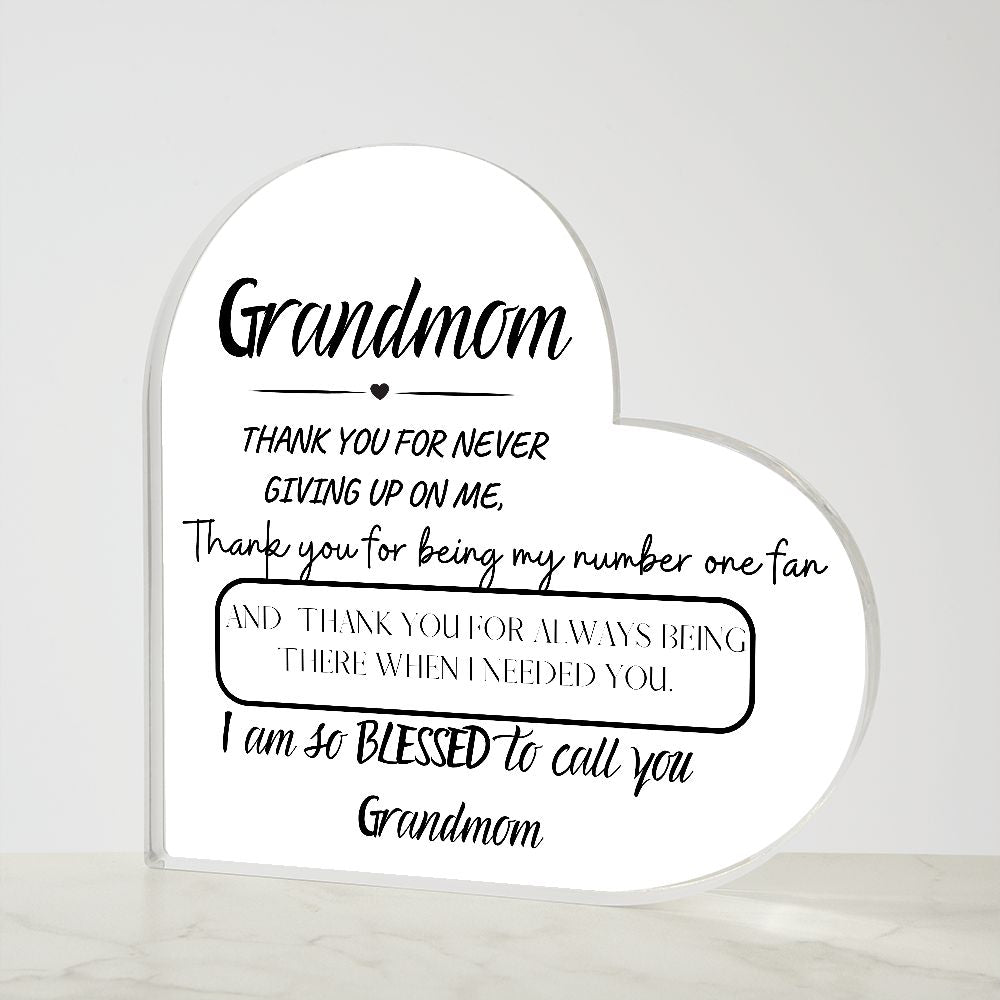 GRANDMOM THANK YOU, PRINTED HEART SHAPED ACRYLIC PLAQUE