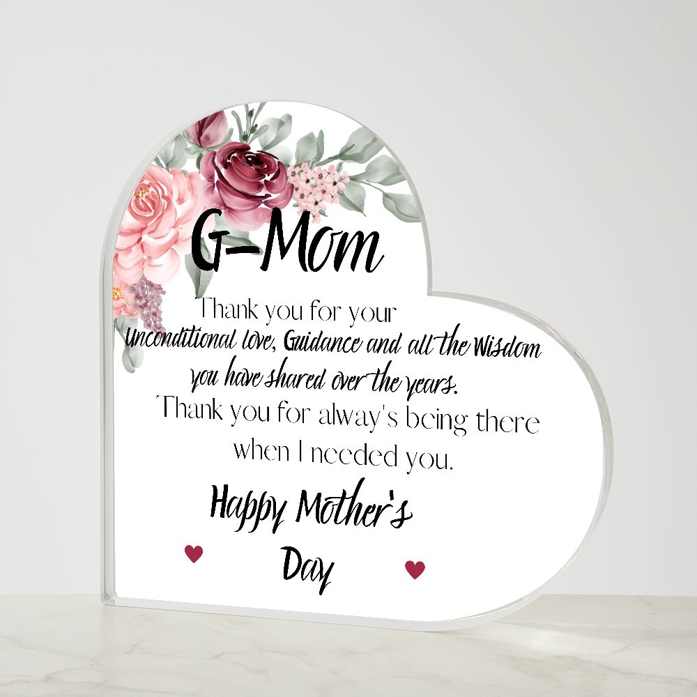 G-MOM, HAPPY MOTHERS DAY, PRINTED HEART SHAPED ACRYLIC PLAQUE