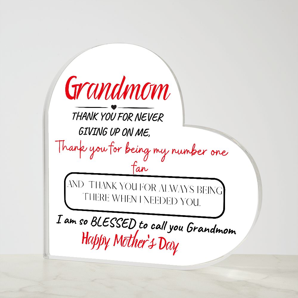 GRANDMOM THANK YOU, PRINTED HEART SHAPED ACRYLIC PLAQUE