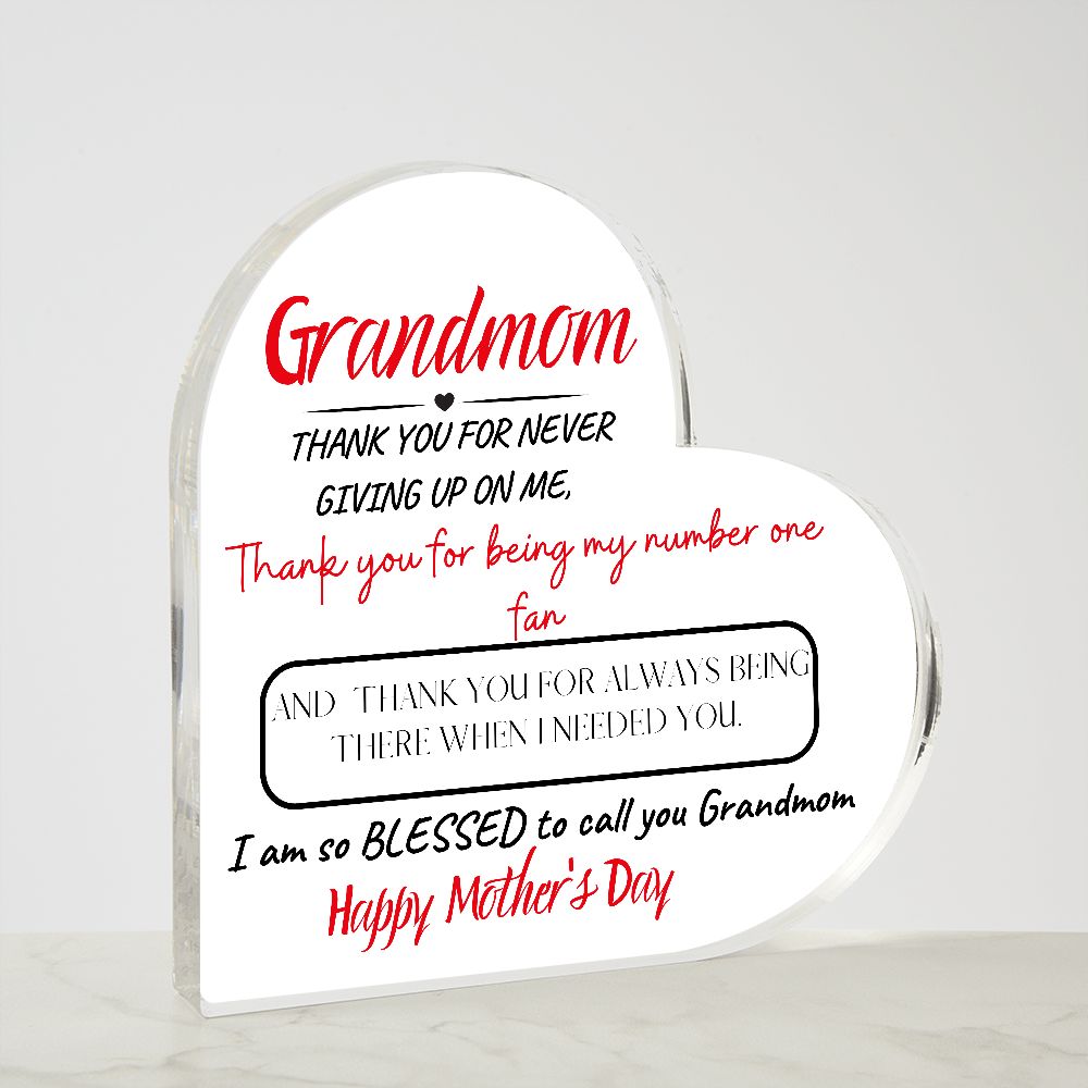 GRANDMOM THANK YOU, PRINTED HEART SHAPED ACRYLIC PLAQUE