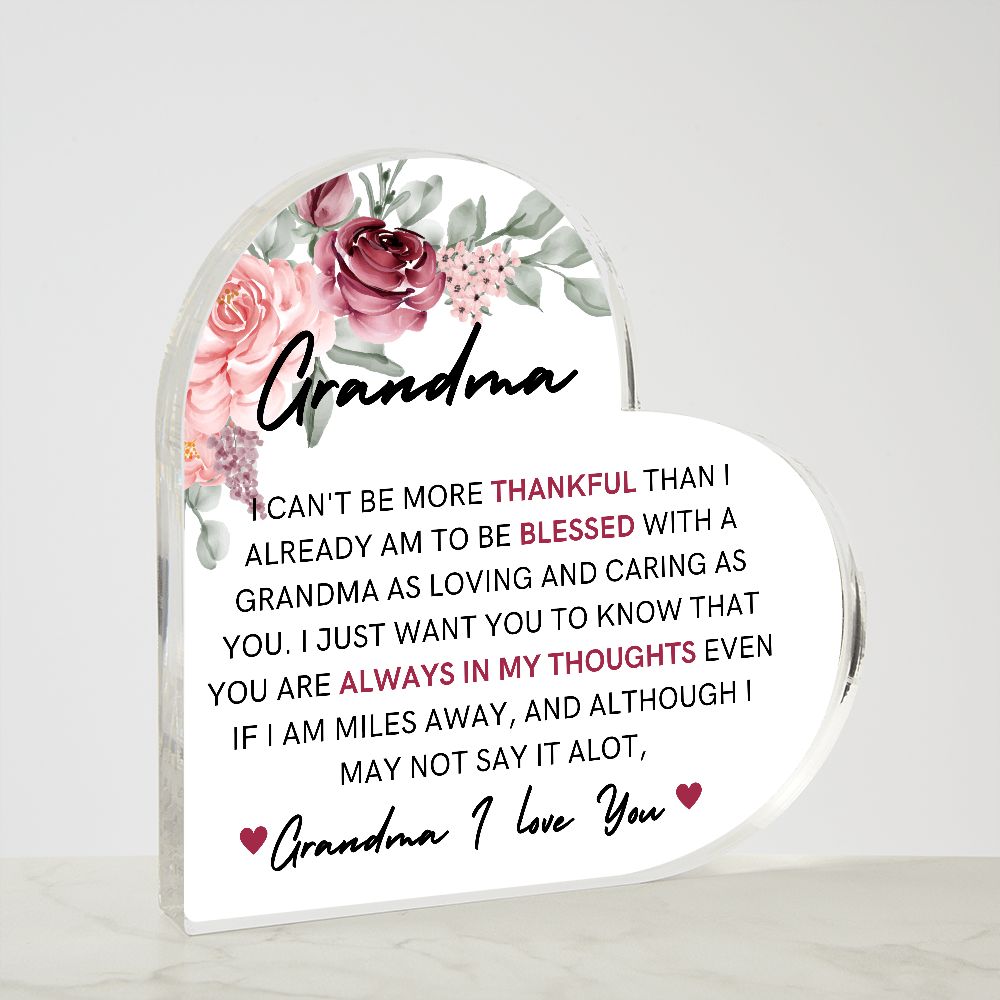 GRANDMA, I LOVE YOU, PRINTED HEART SHAPED ACRYLIC PLAQUE