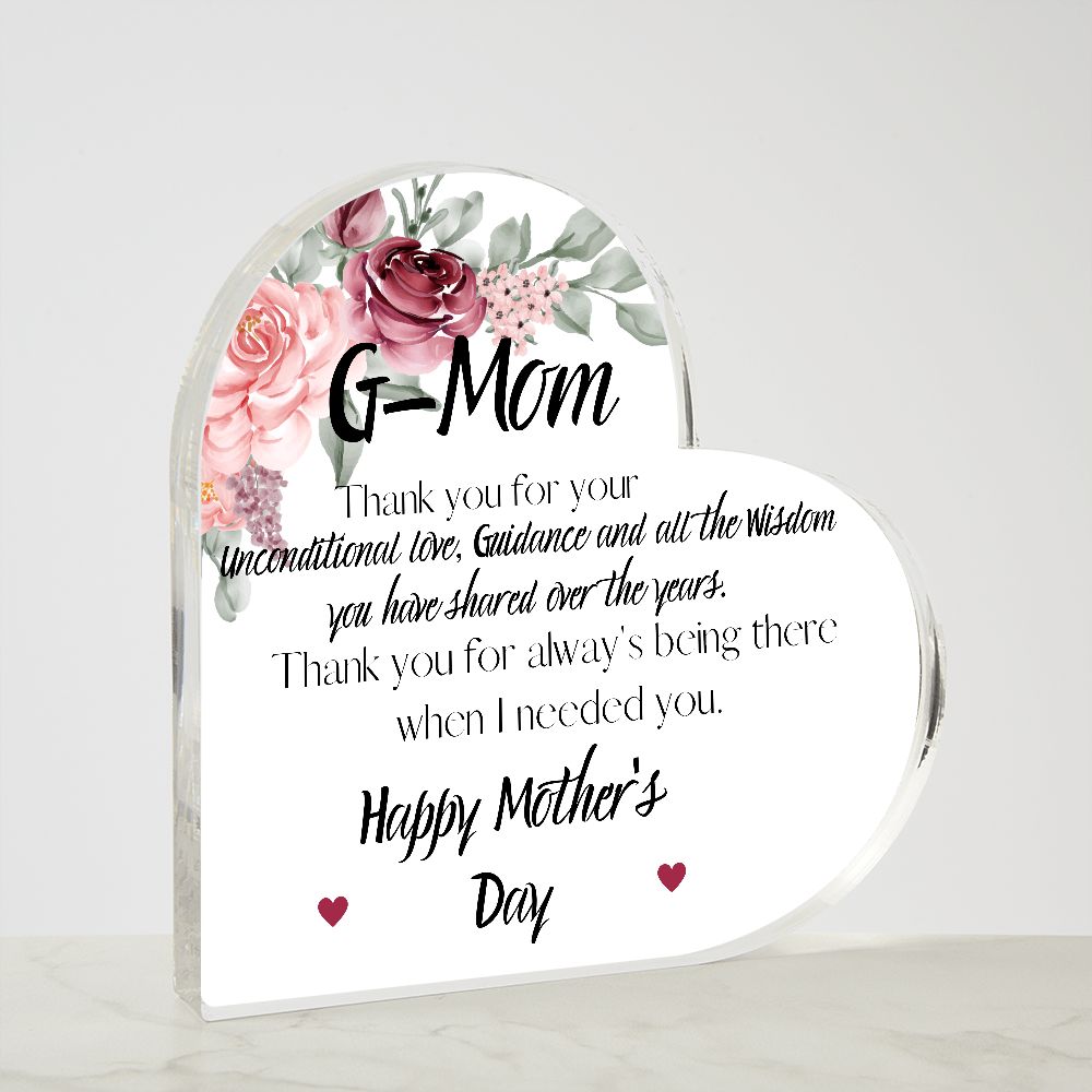 G-MOM, HAPPY MOTHERS DAY, PRINTED HEART SHAPED ACRYLIC PLAQUE