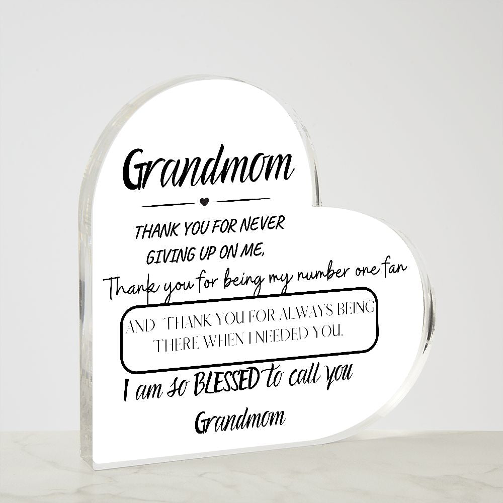 GRANDMOM THANK YOU, PRINTED HEART SHAPED ACRYLIC PLAQUE