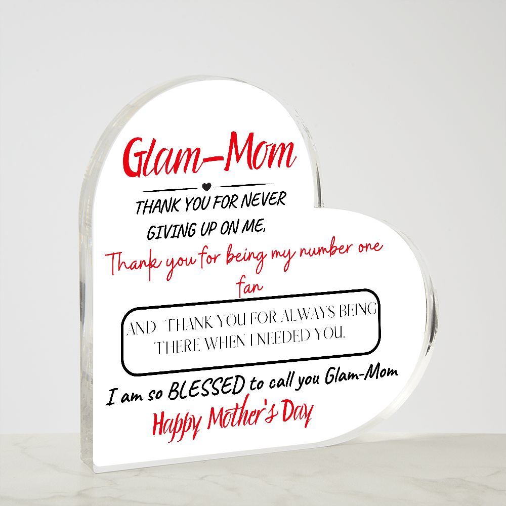 GLAM-MOM THANK YOU, PRINTED HEART SHAPED ACRYLIC PLAQUE