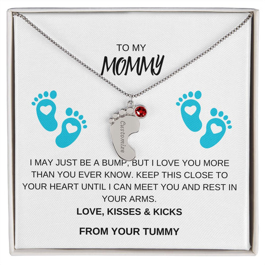 To my Mommy, blue love, kisses and kicks, custom Baby Feet Necklace with birthstone