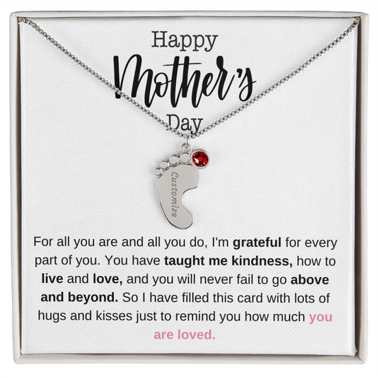 HAPPY MOTHERS DAY, FOR ALL YOU ARE AND ALL YOU DO, CUSTOM BABY FEET NECKLACE WITH BIRTHSTONE