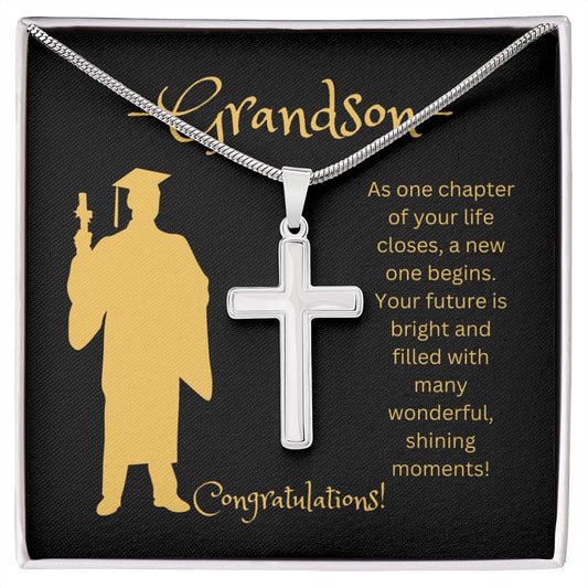 GRANDSON, AS ONE CHAPTER CLOSES, CONGRATULATIONS, CROSS NECKLACE