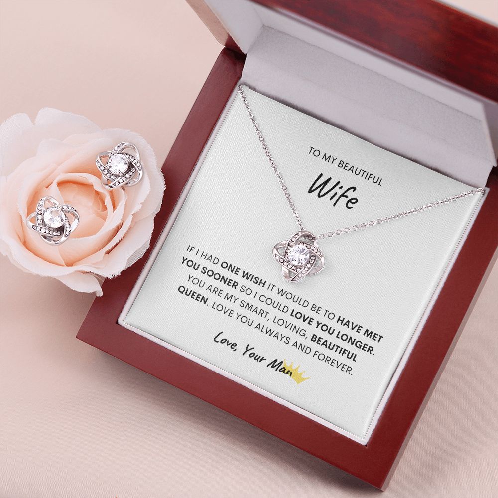 TO MY BEAUTIFUL WIFE, LOVE KNOT NECKLACE AND EARRING SET!