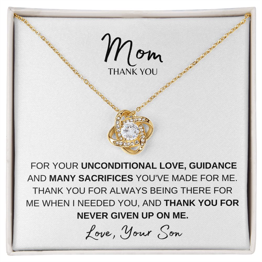 MOM THANK YOU, LOVE SON, LOVE KNOT NECKLACE