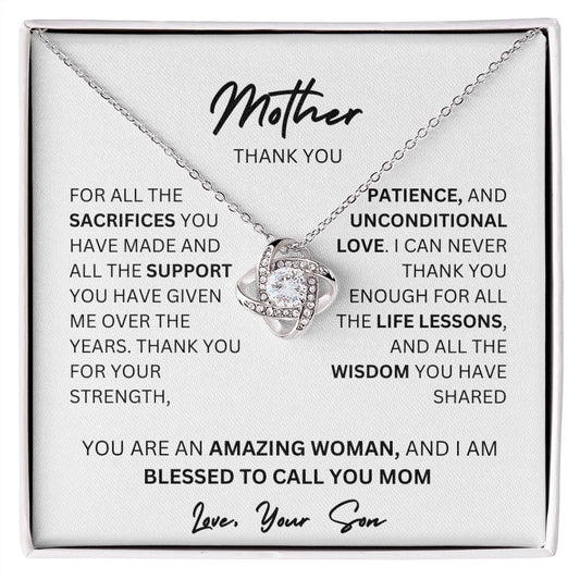 MOTHER THANK YOU, LOVE SON, LOVE KNOT NECKLACE