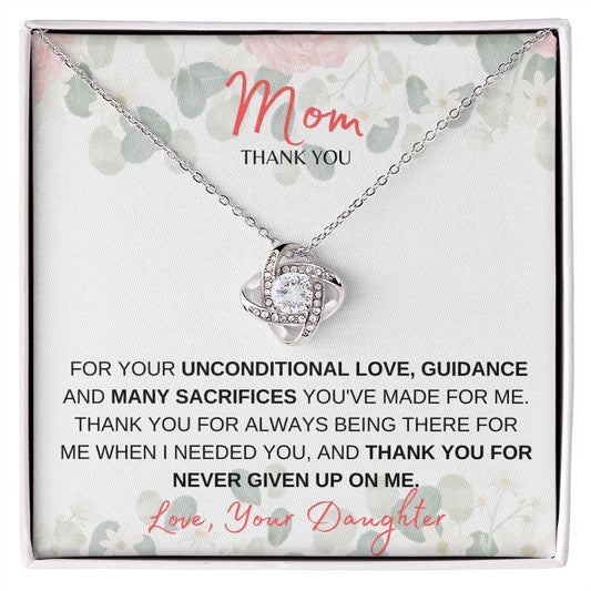 MOM THANK YOU, LOVE DAUGHTER PINK, LOVE KNOT NECKLACE