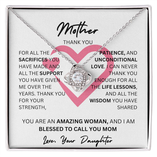 MOTHER THANK YOU PINK HEART, LOVE KNOT NECKLACE