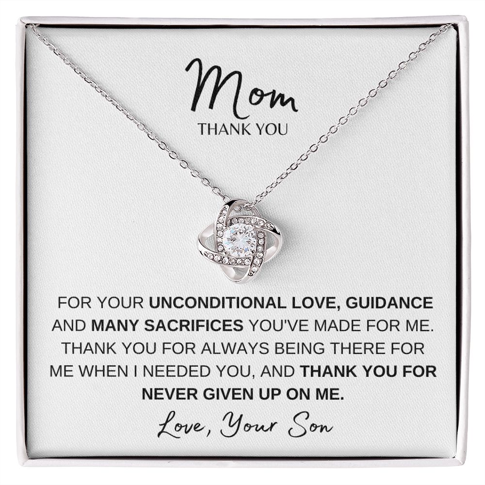 MOM THANK YOU, LOVE SON, LOVE KNOT NECKLACE