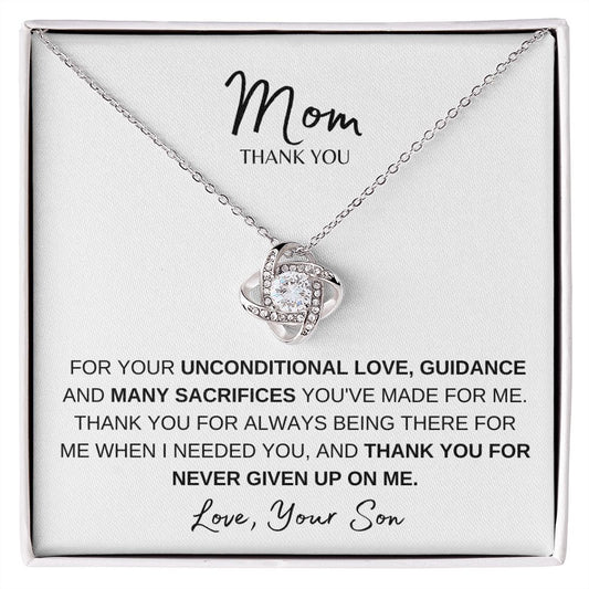 MOM THANK YOU, LOVE SON, LOVE KNOT NECKLACE