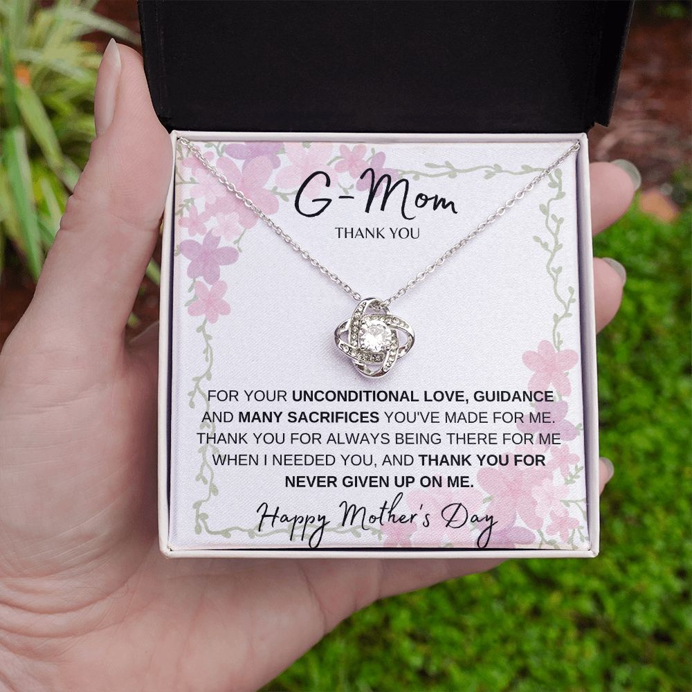 G MOM, HAPPY MOTHERS DAY, LOVE KNOT NECKLACE