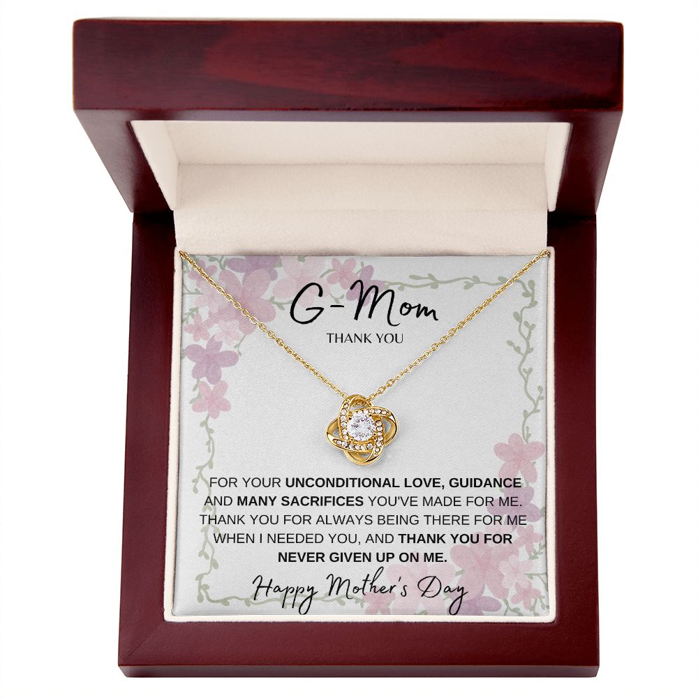G MOM, HAPPY MOTHERS DAY, LOVE KNOT NECKLACE