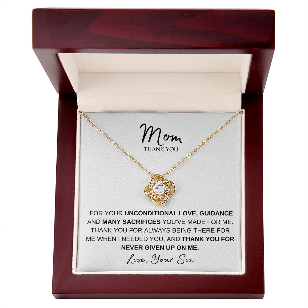 MOM THANK YOU, LOVE SON, LOVE KNOT NECKLACE