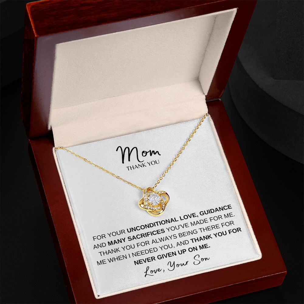 MOM THANK YOU, LOVE SON, LOVE KNOT NECKLACE