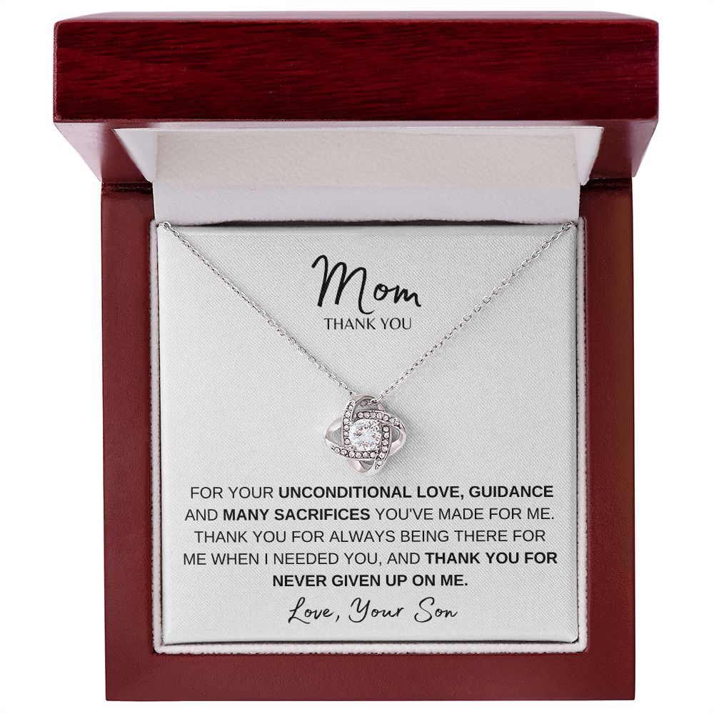 MOM THANK YOU, LOVE SON, LOVE KNOT NECKLACE