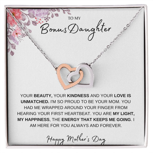 TO MY BONUS DAUGHTER, HAPPY MOTHERS DAY, INTERLOCKING HEARTS NECKLACE