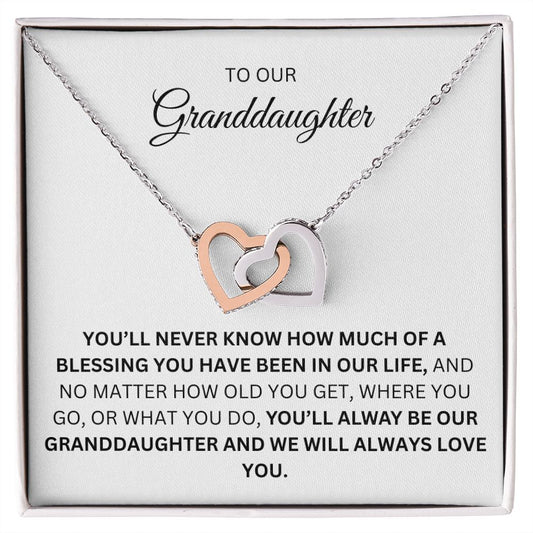 TO OUR GRANDDAUGHTER, WE LOVE YOU, INTERLOCKING HEARTS NECKLACE