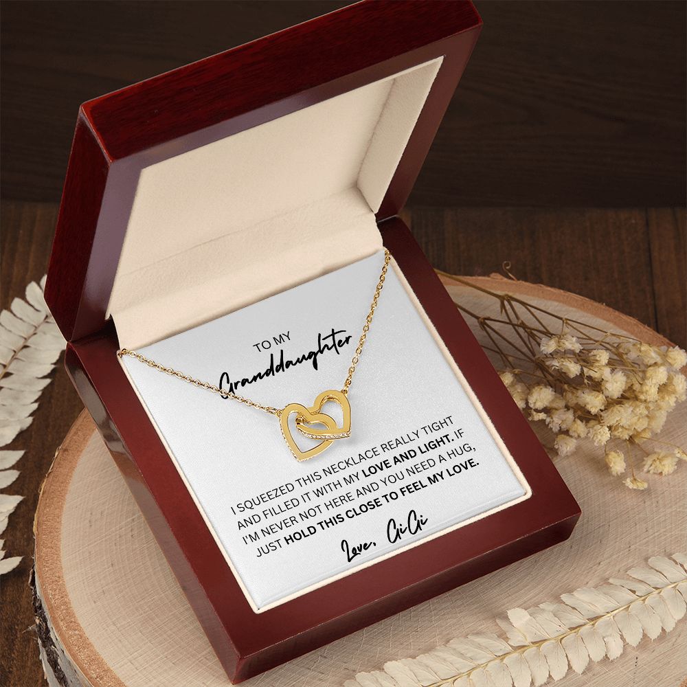 TO MY GRANDDAUGHTER, LOVE AND LIGHT, LOVE GIGI, INTERLOCKING HEARTS NECKLACE